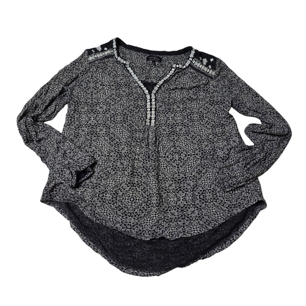 Lucky Brand‎ Womens Black White Medallion Print Embroidered V-Neck Top Small